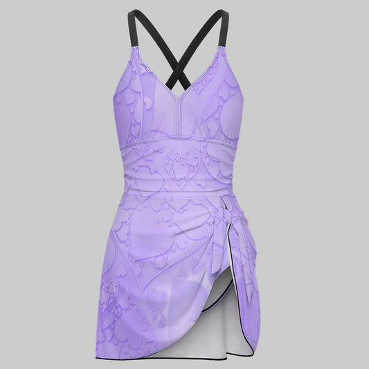 Lavender Heart Tie-Up Skirt One-Piece Swimsuit