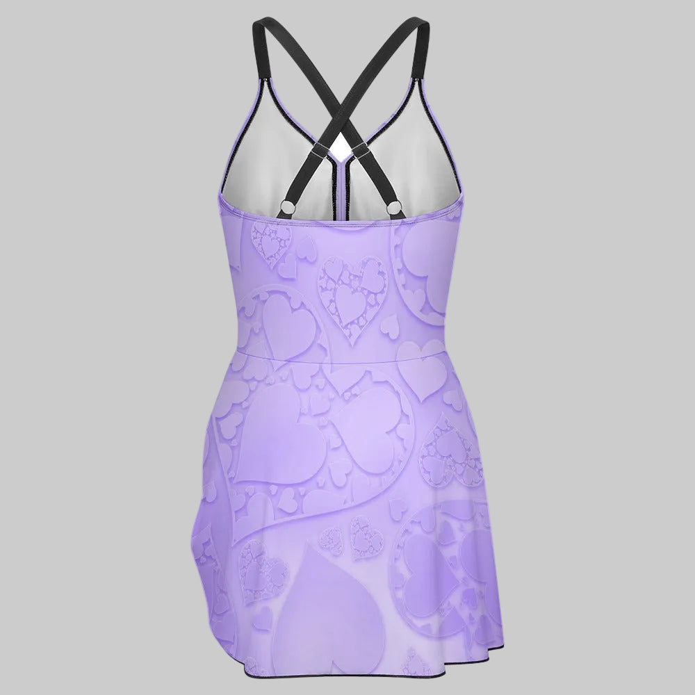 Lavender Heart Tie-Up Skirt One-Piece Swimsuit
