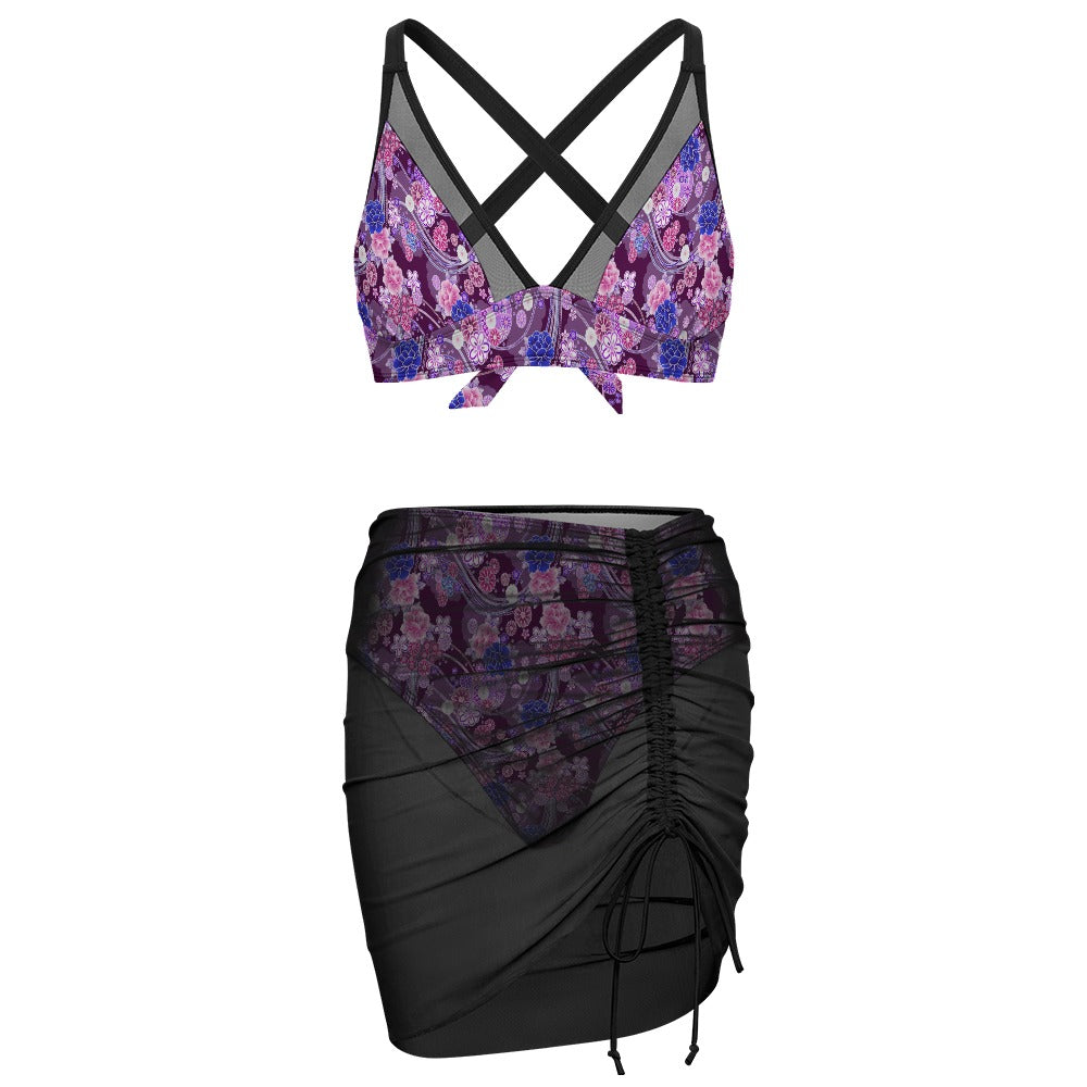 Amethyst Bloom Ruched Mesh Skirt Set