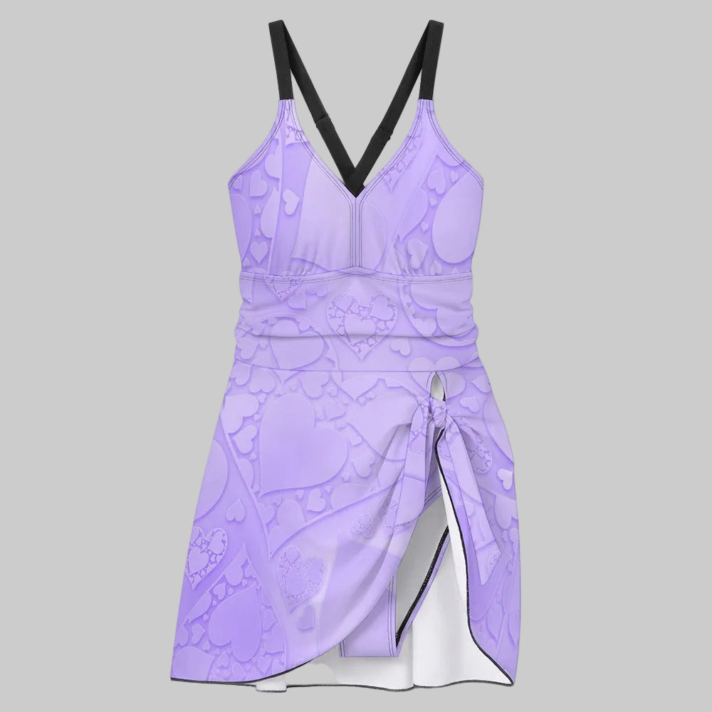 Lavender Heart Tie-Up Skirt One-Piece Swimsuit